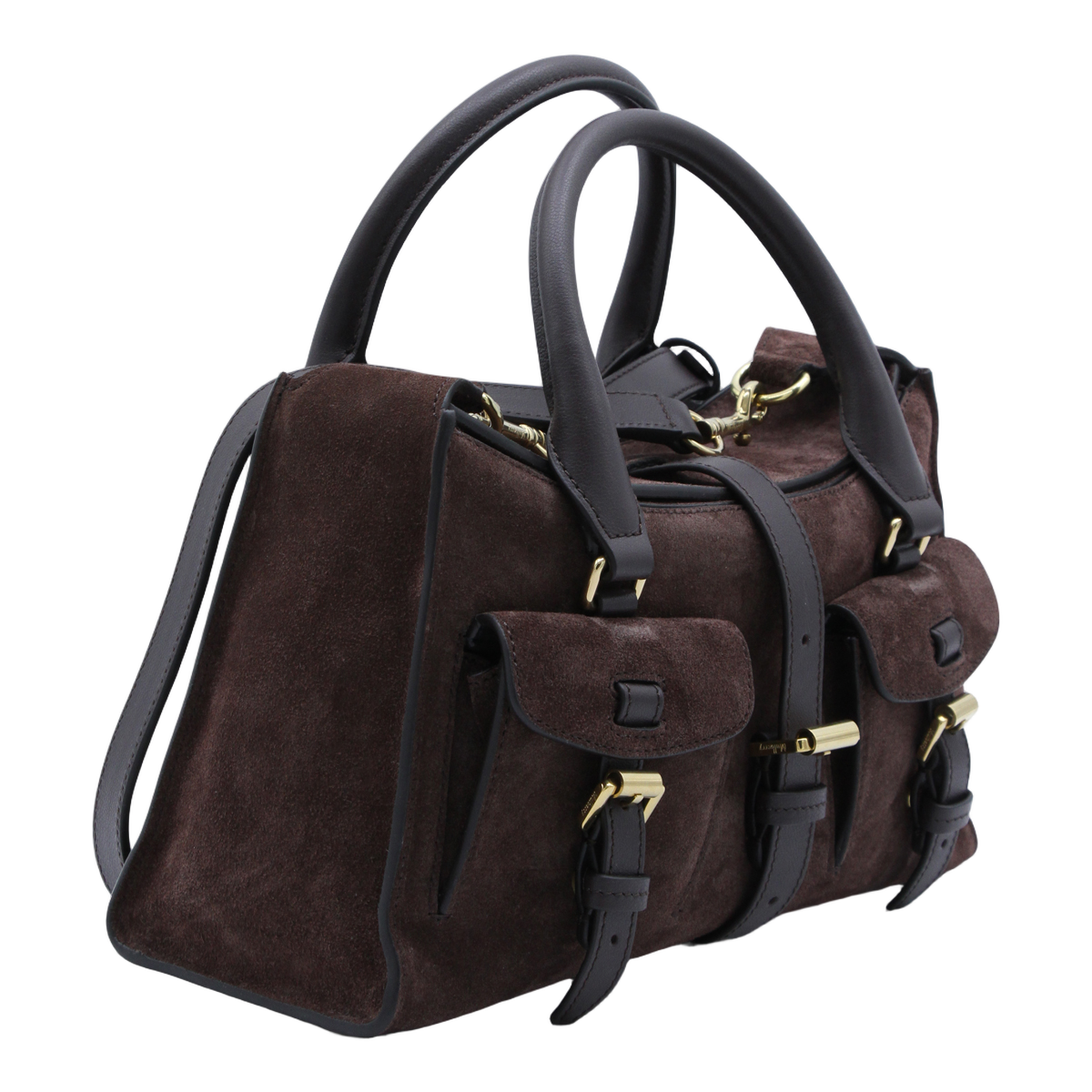 Structured Brown Suede Handbag With Gold-Tone Accents