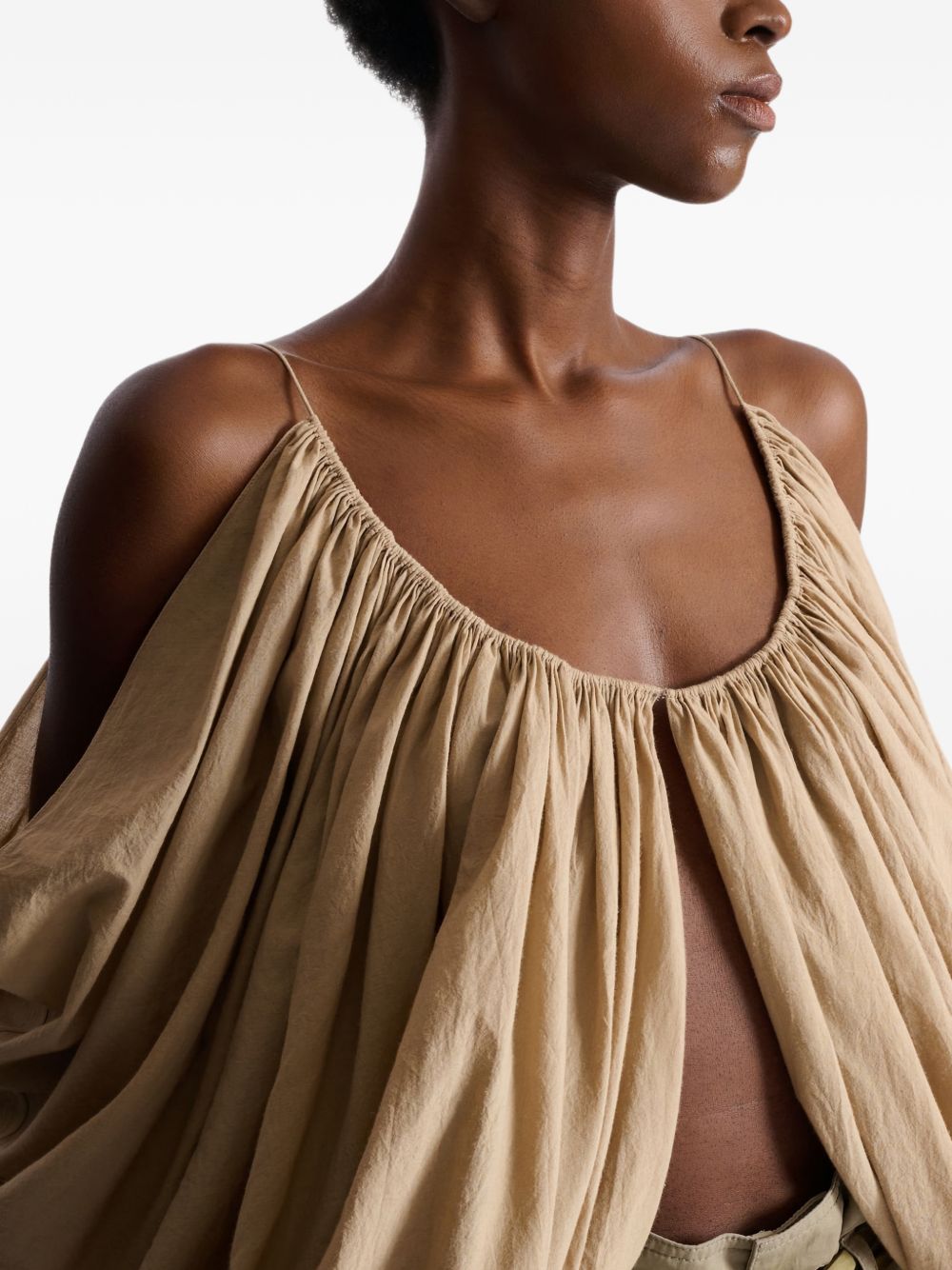 Beige Gathered Cut Out Cotton Top