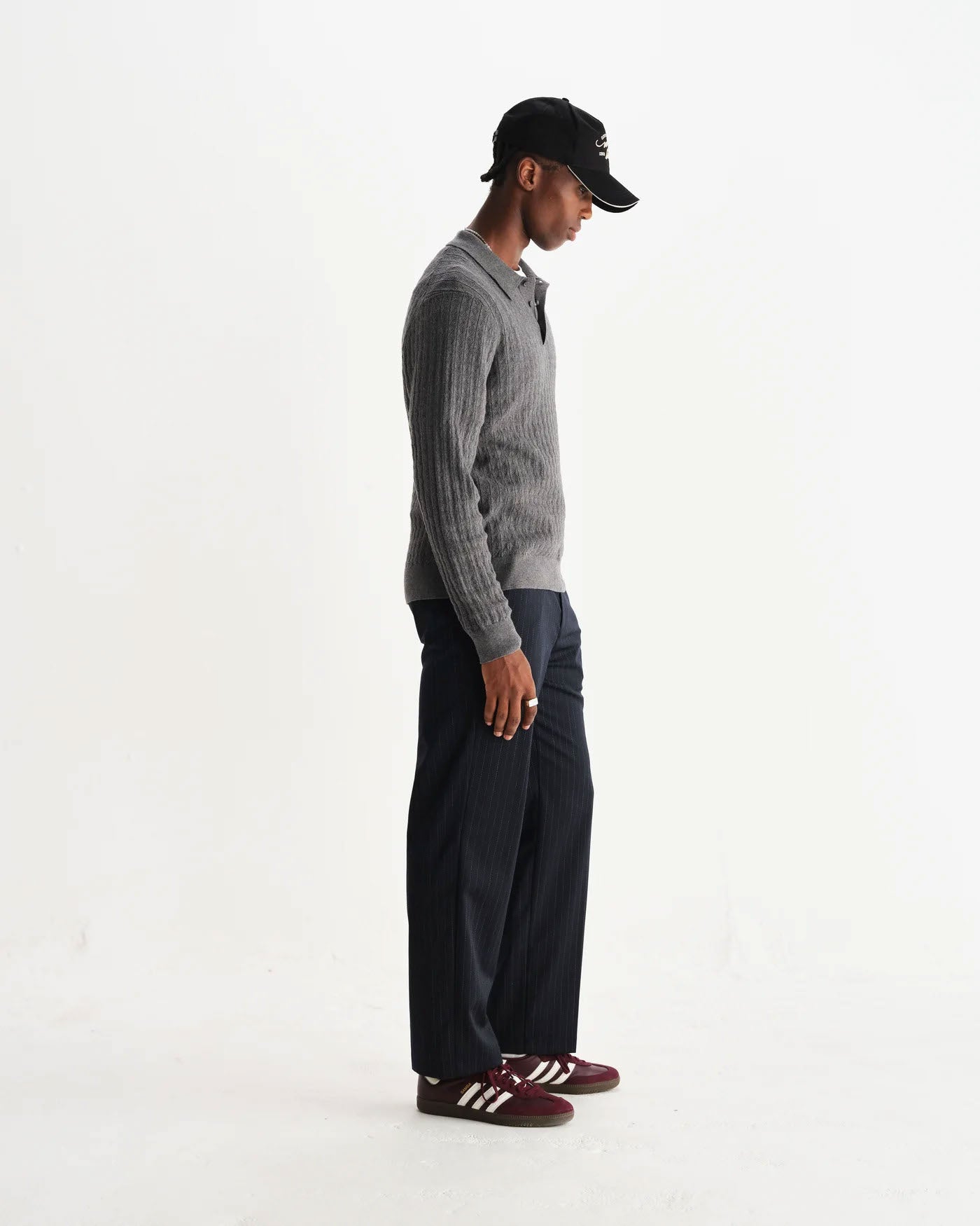 Textured Diamond Stripe Knit Polo in Grey Marl