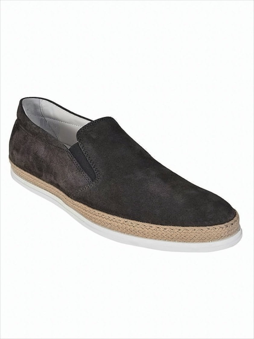 Slip-On Black Suede Sneakers with Leather Accents and Woven Detailing
