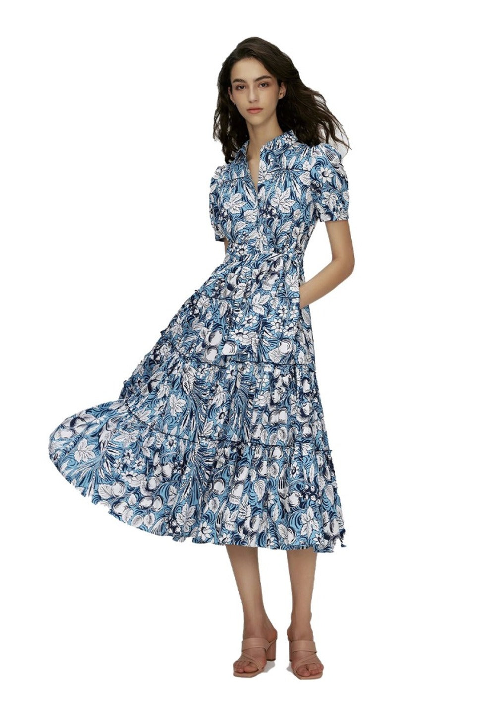Statement Midi Dress With Puff Sleeves And Tiered Skirt