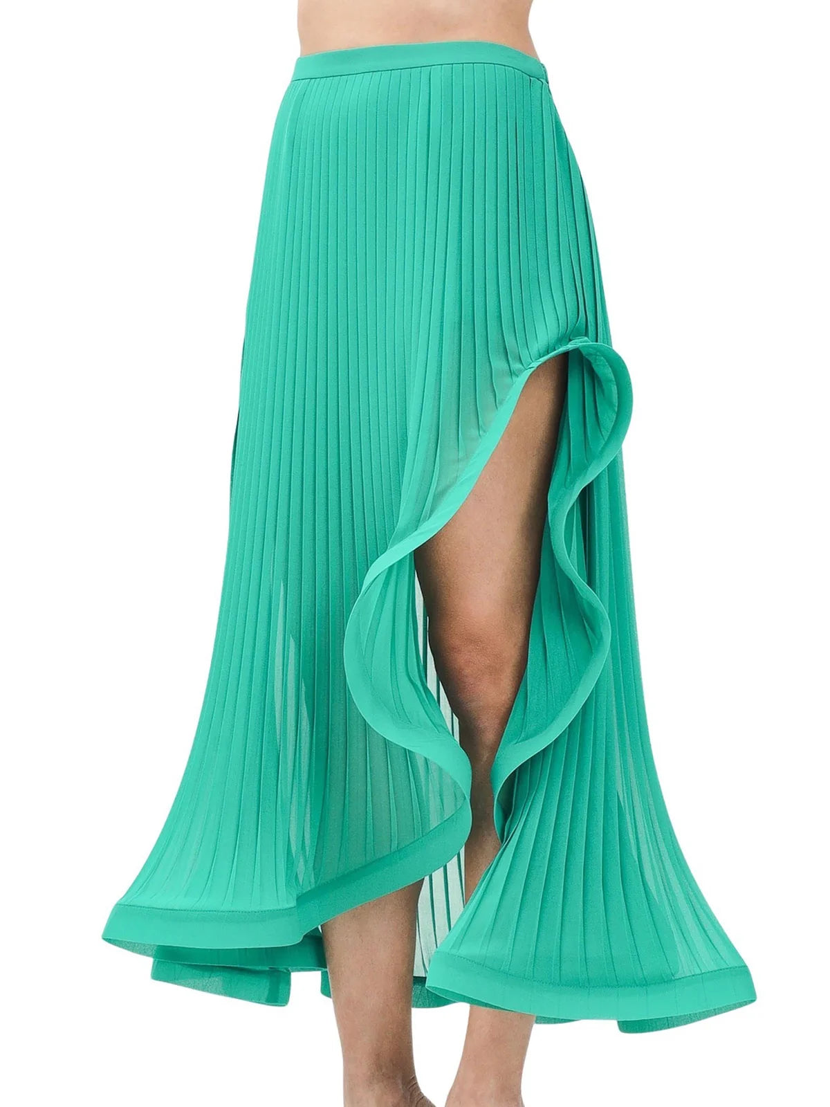 Green Polyester Asymmetric Pleated Skirt