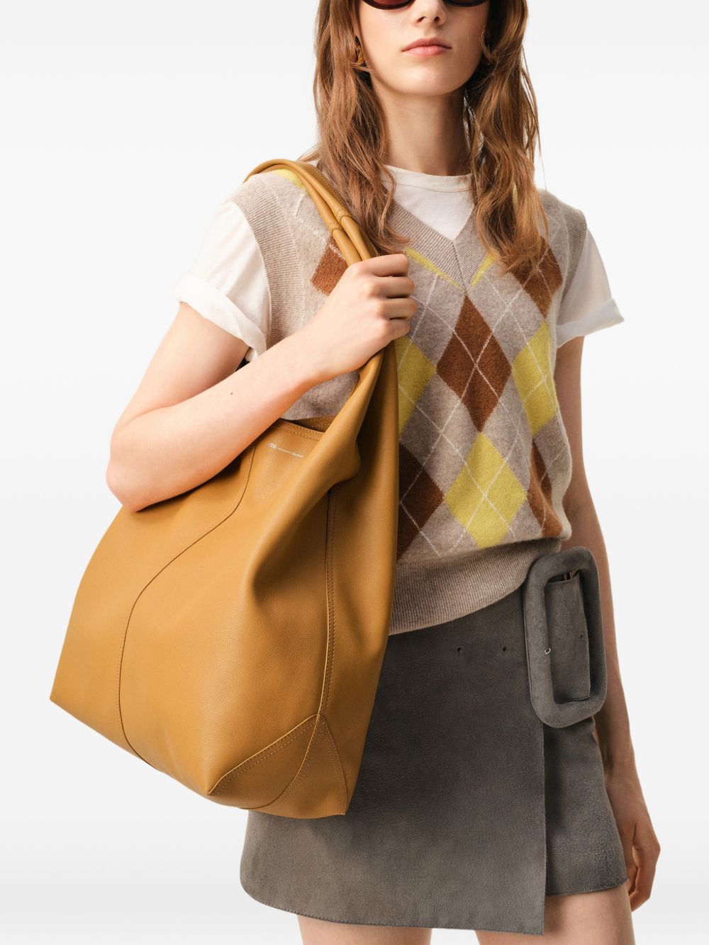 Honey Leather Shoulder Bag With Embossed Logo