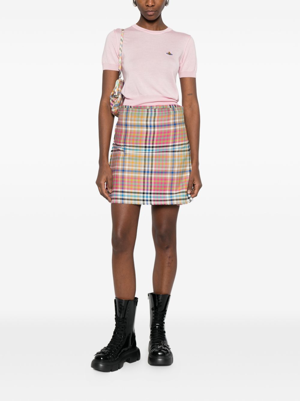 Multicolor Plaid Skirt With Frayed Hem