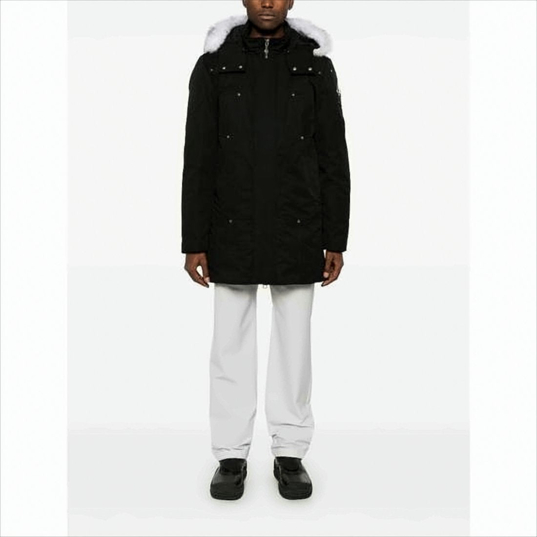 Hooded Long Black Padded Coat With Fur Trim And Multiple Pockets