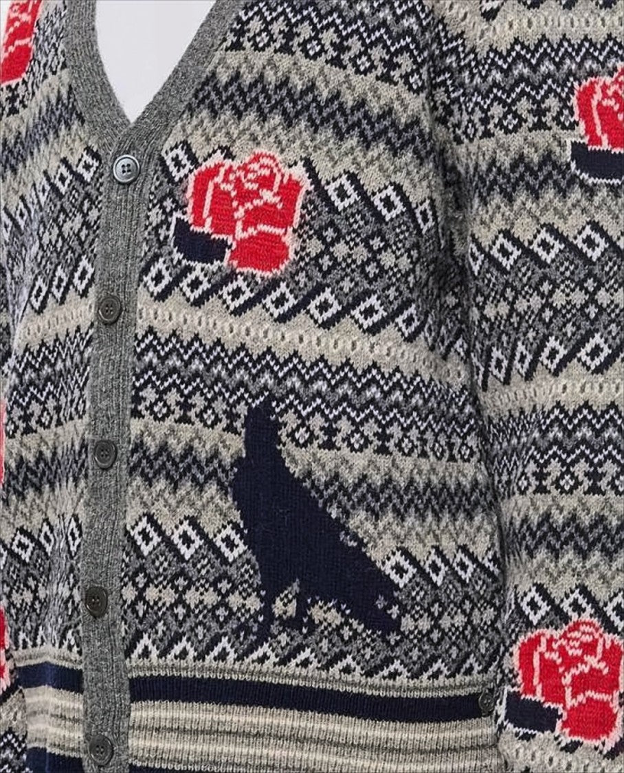 Classic V-Neck Cardigan with Rose and Bird Motif