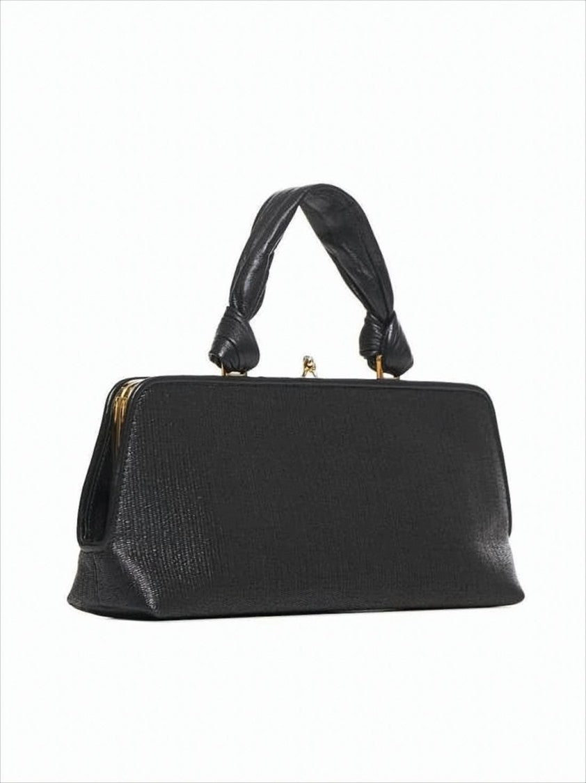 Textured Black Tote Bag with Gold-tone Clasp