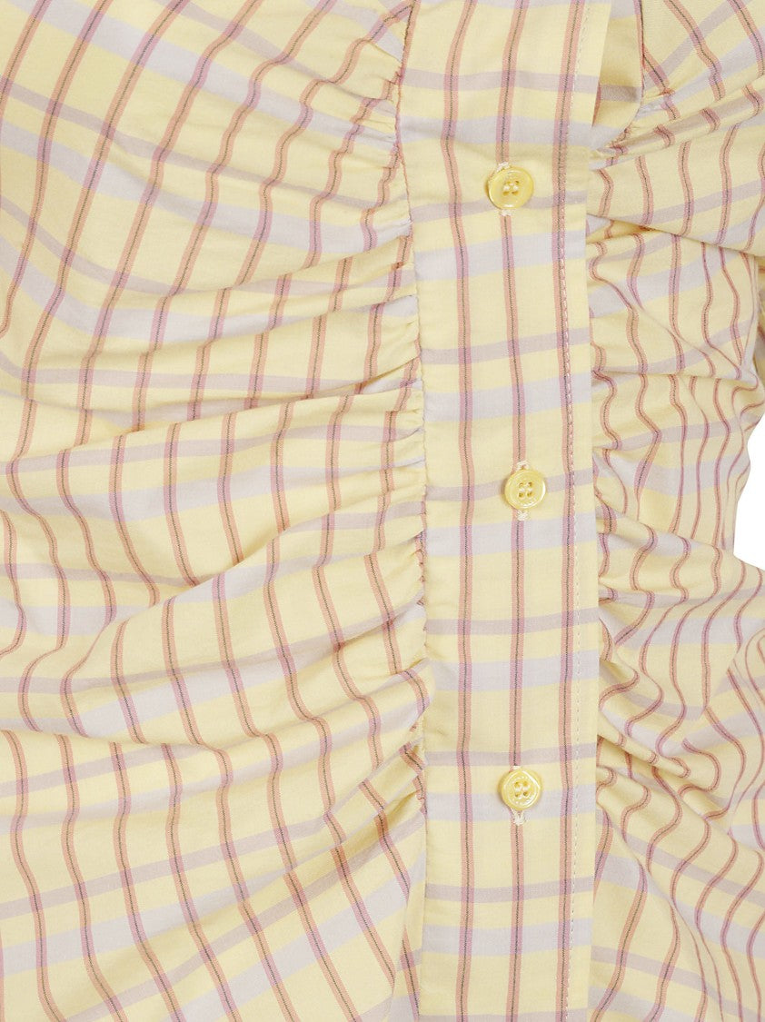 Ruffled Neckline Check Pattern Shirt