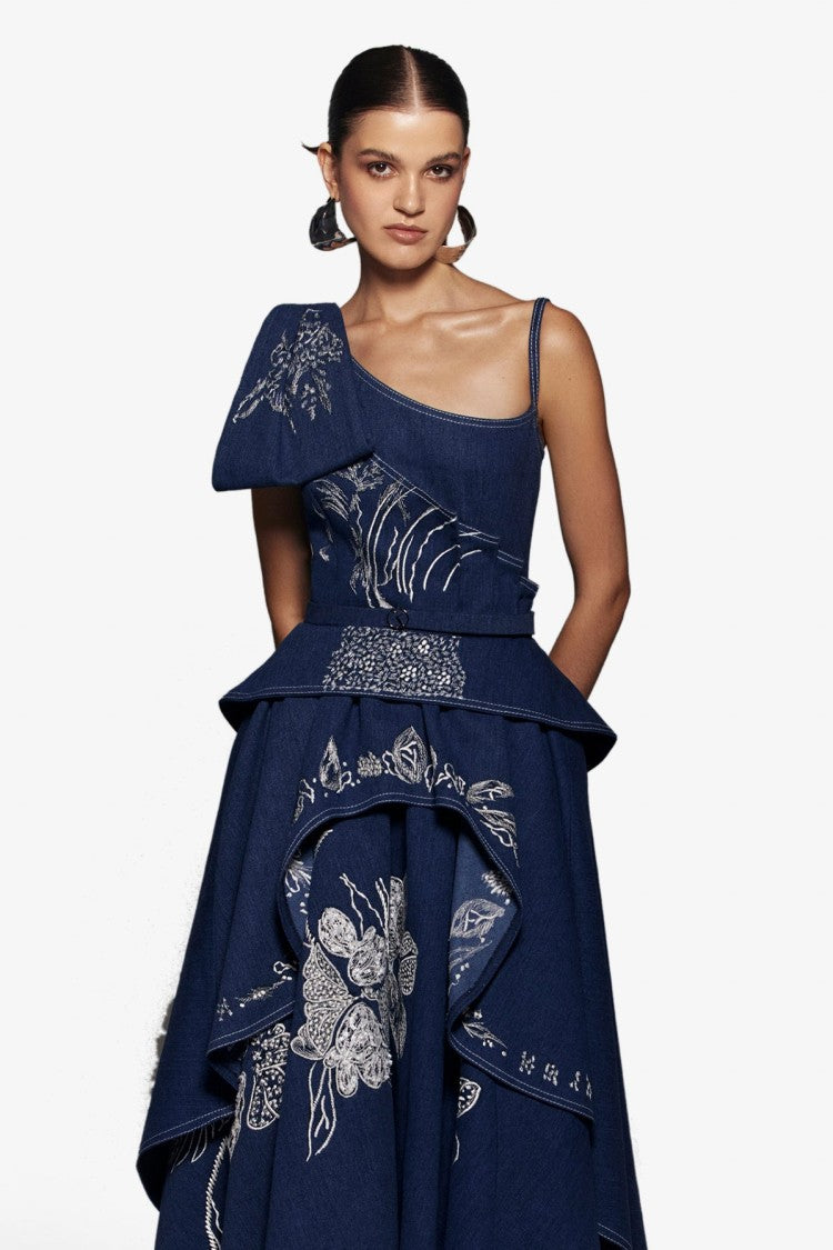 Denim Dress With Floral Embroidery