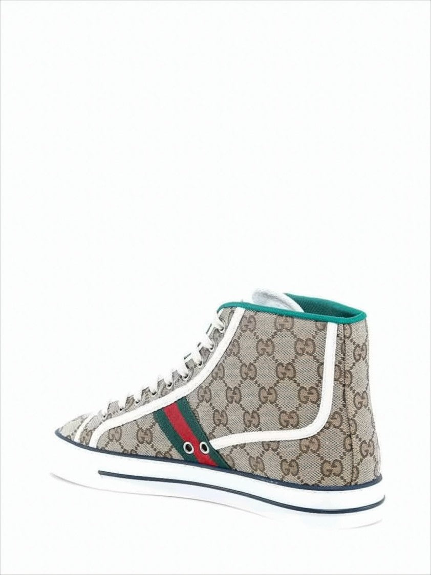 Beige Canvas High-Top Sneakers with Monogram