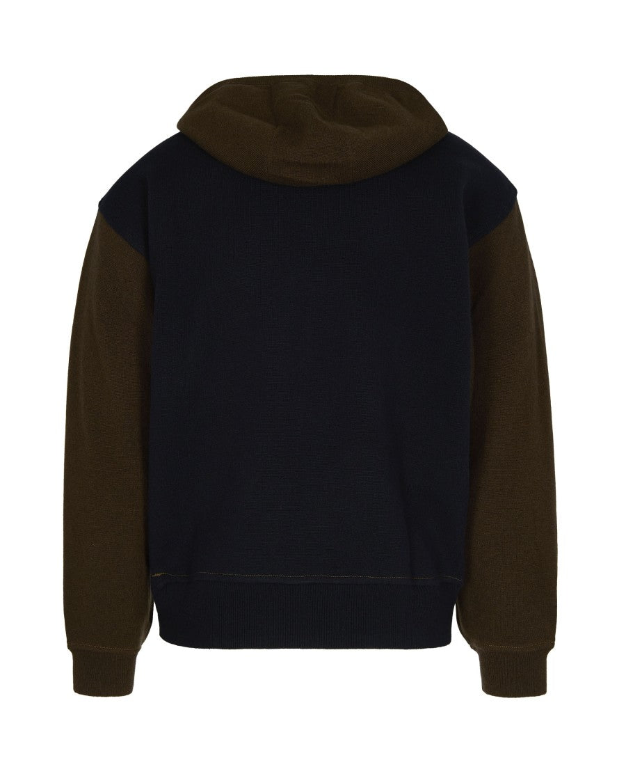 Colorblock Wool Hoodie With Ribbed Details And Eagle Embroidery