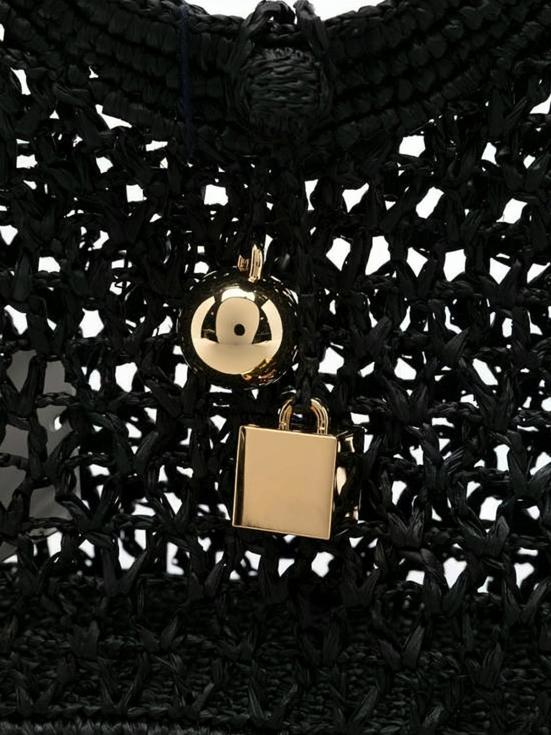 Intricately Woven Raffia Tote Bag with Gold-tone Charms