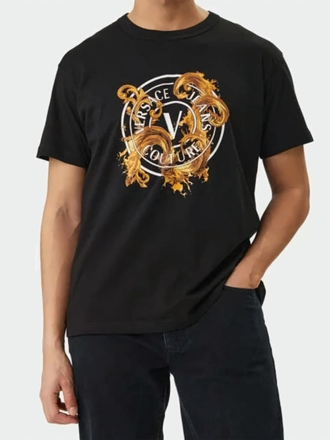 Short-Sleeve Black T-Shirt with Bold Baroque Graphic