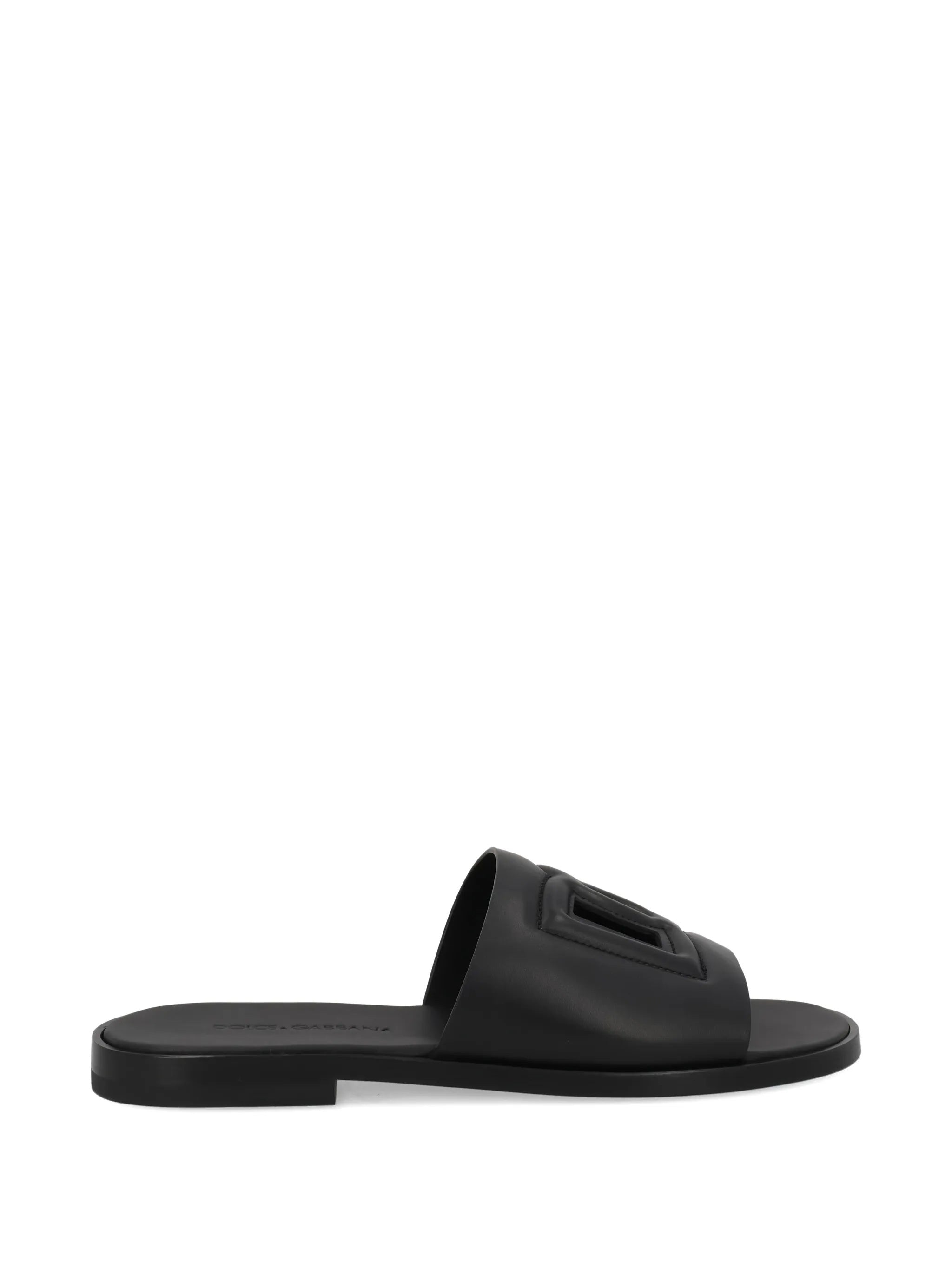 Black Leather Wide Strap Slide Sandals
