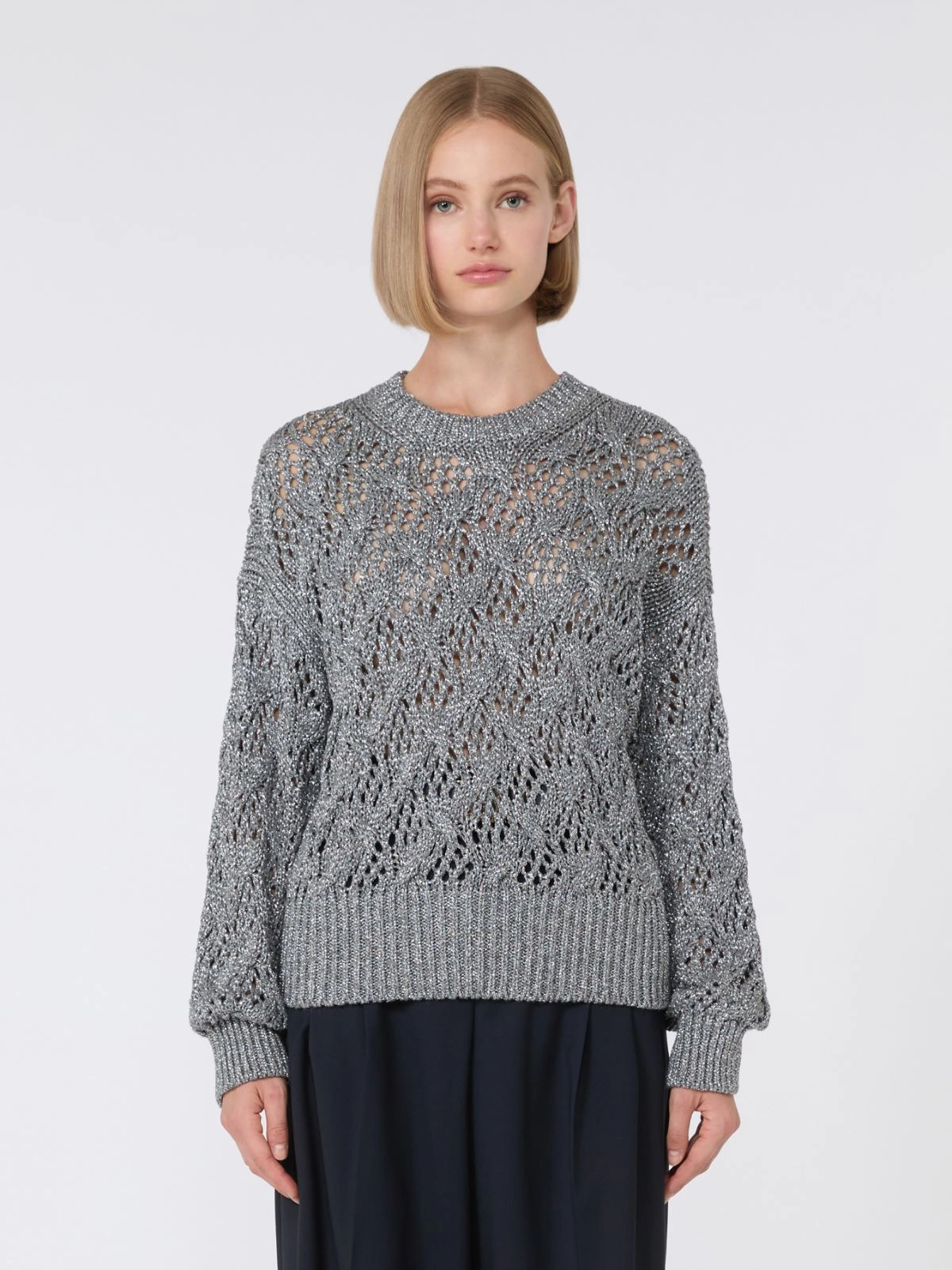 Refined Open-Knit Sweater With Metallic Fiber Detail