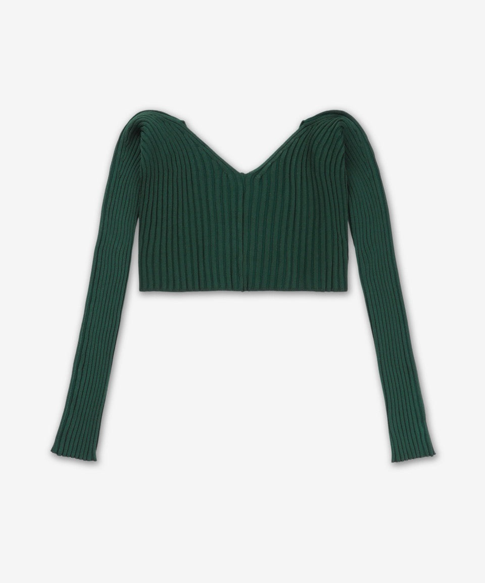 Ribbed Knit Cropped Cardigan With Deep Neckline