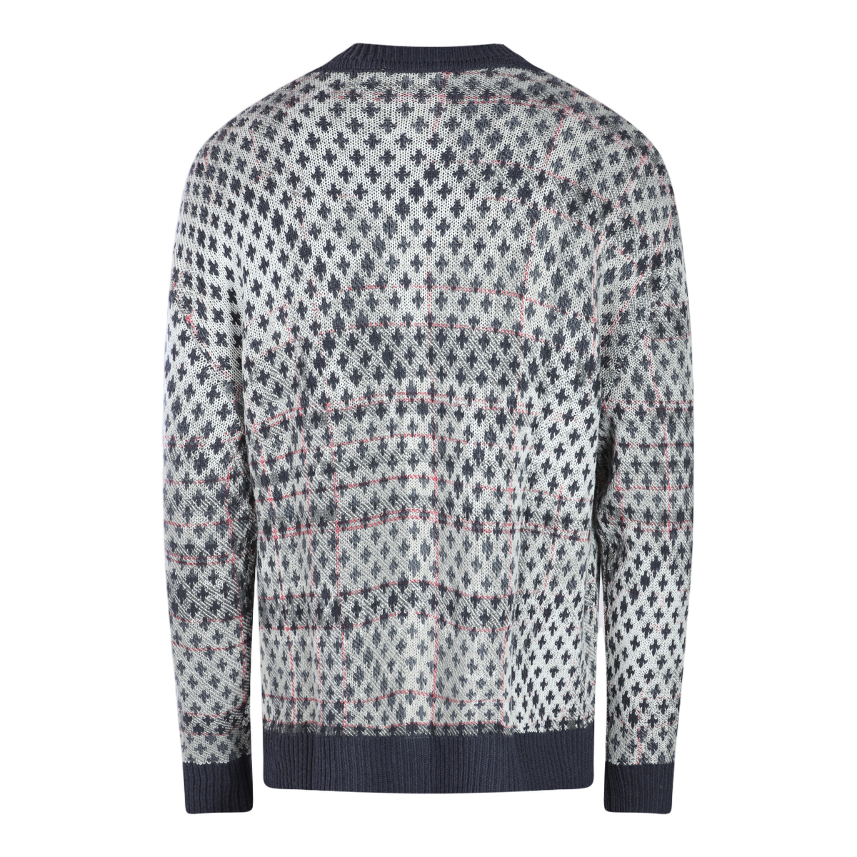 Patterned Grey Knit Sweater with Embroidered 'CHAOS'