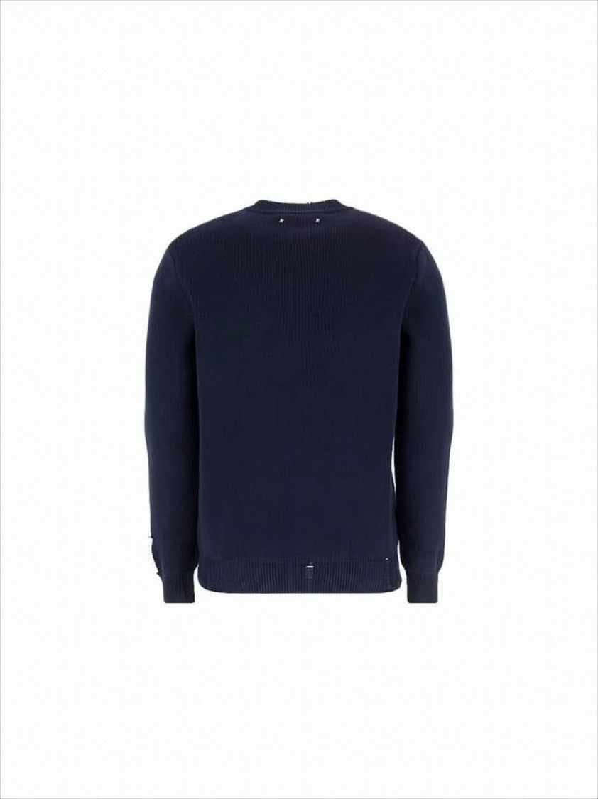 Ribbed Black Crew Neck Sweater with Distressed Finish