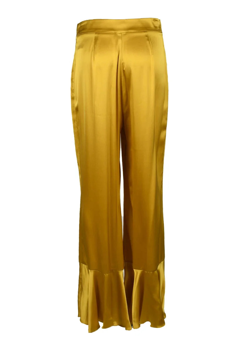Yellow Silk Trousers with Flared Ruffle Hem