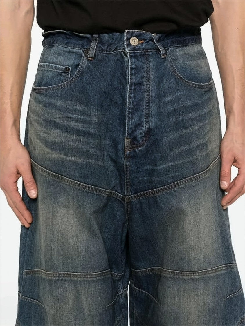 Wide-Leg Distressed Denim Pants With Horizontal Seam Detailing