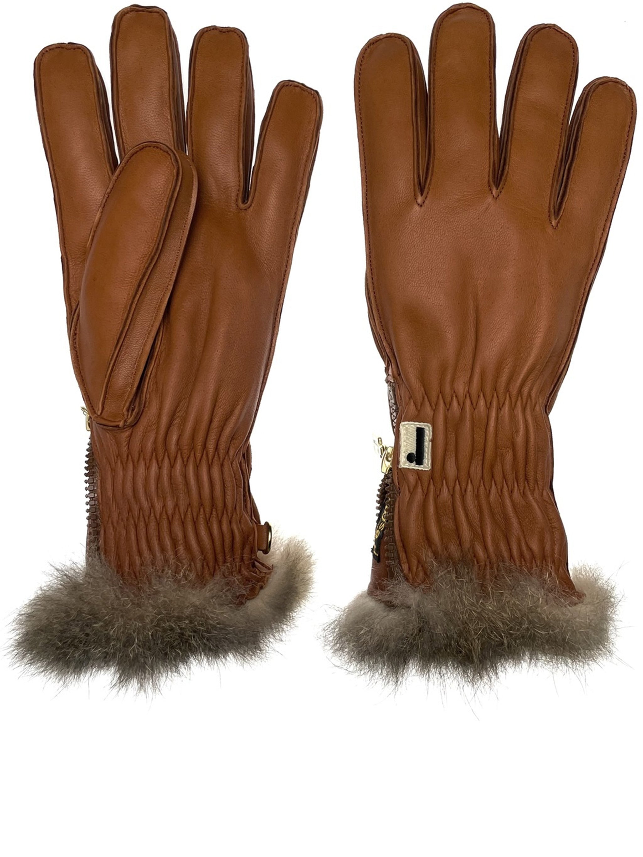 Brown Nappa Opossuy Fur-Trim Gloves