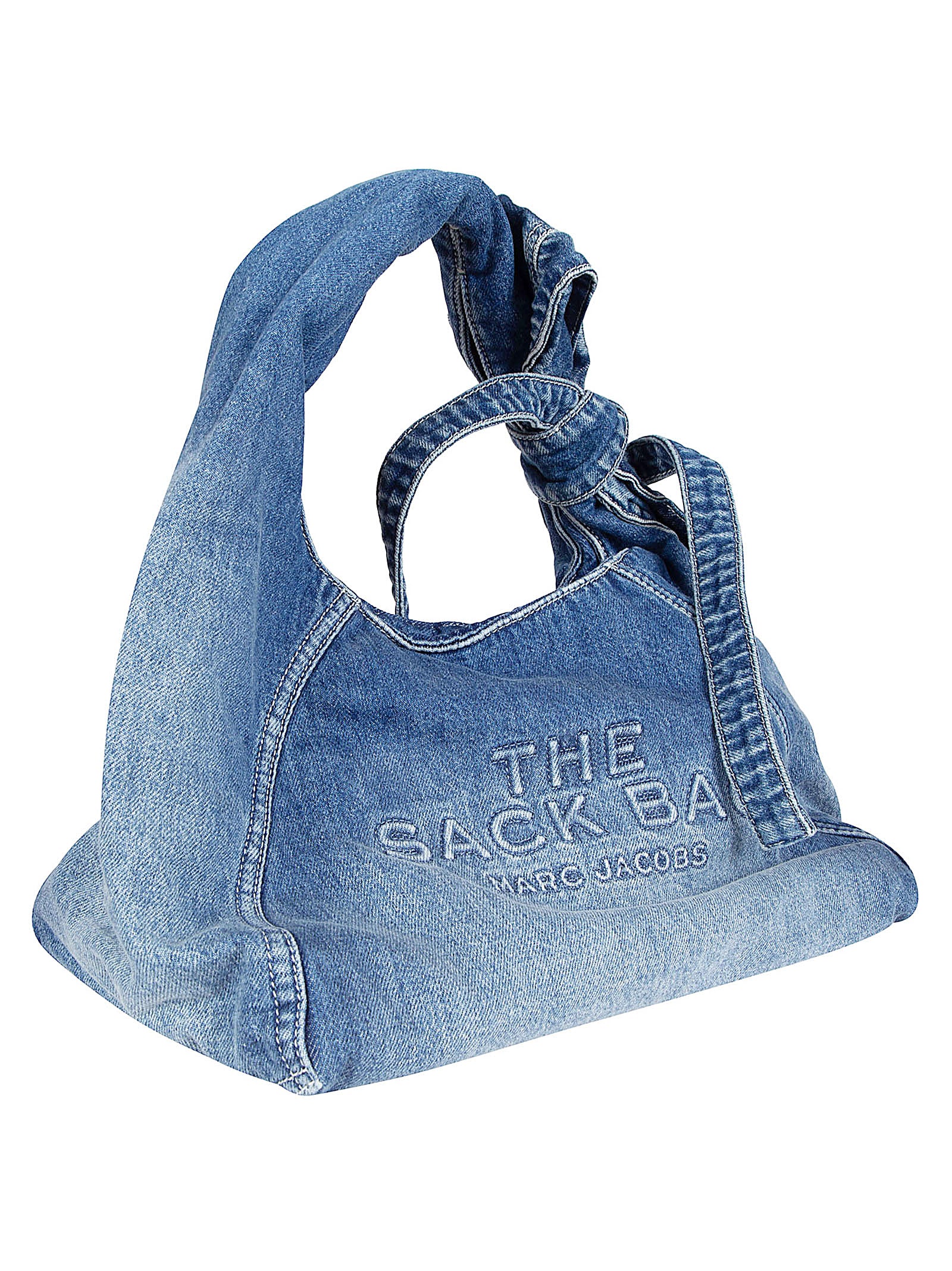 Denim Slouchy Bag with Tubular Handle and Embossed Logo