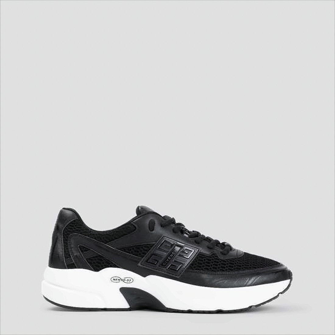 Sleek Black Mesh and Leather Sneakers with Distinctive Logo