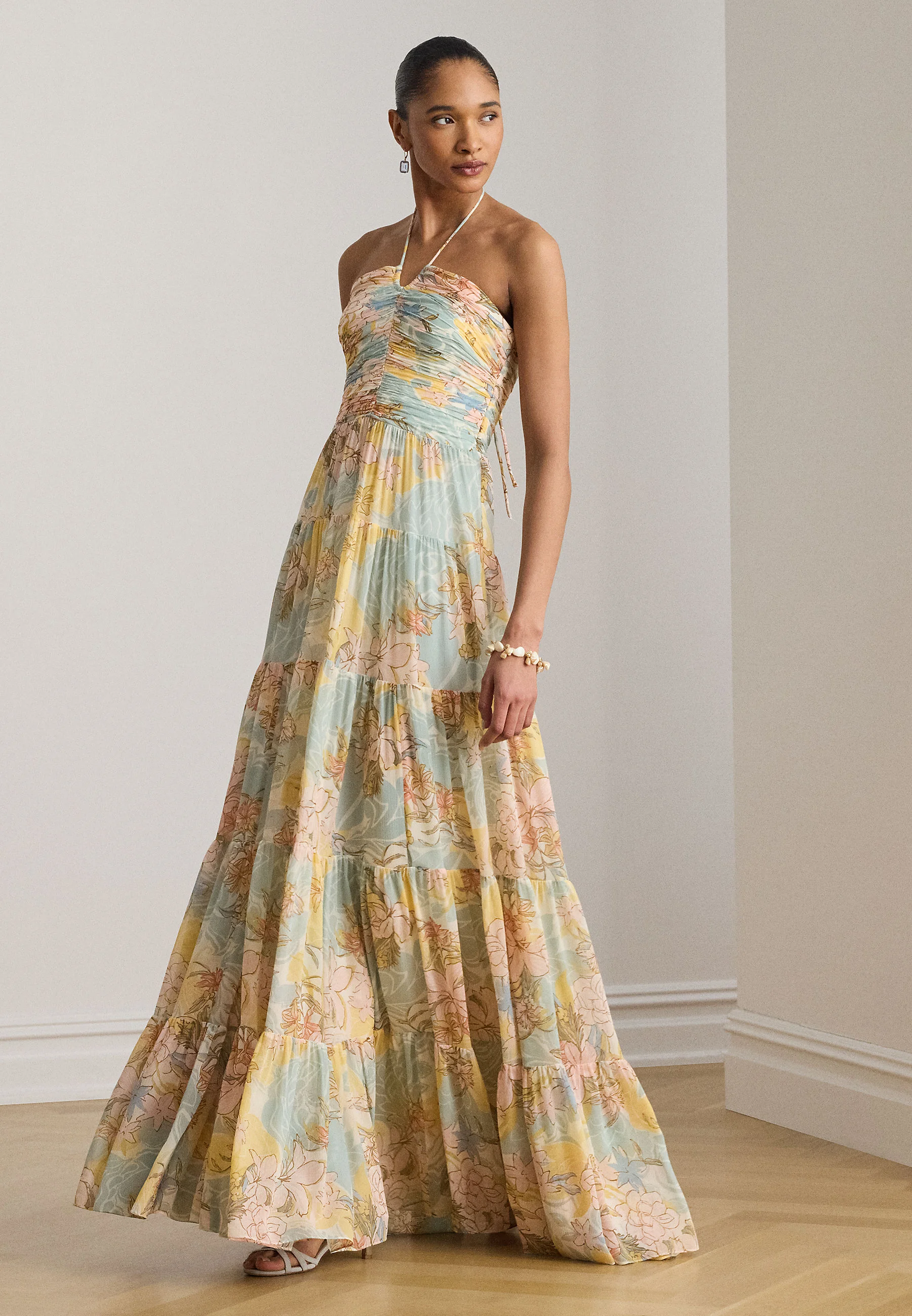Tiered Floral Maxi Dress with Halter Neckline