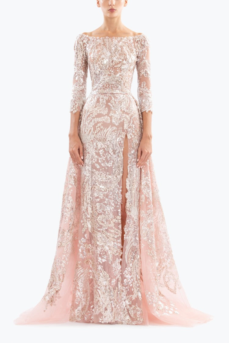 Embroidered Long Dress With Overskirt