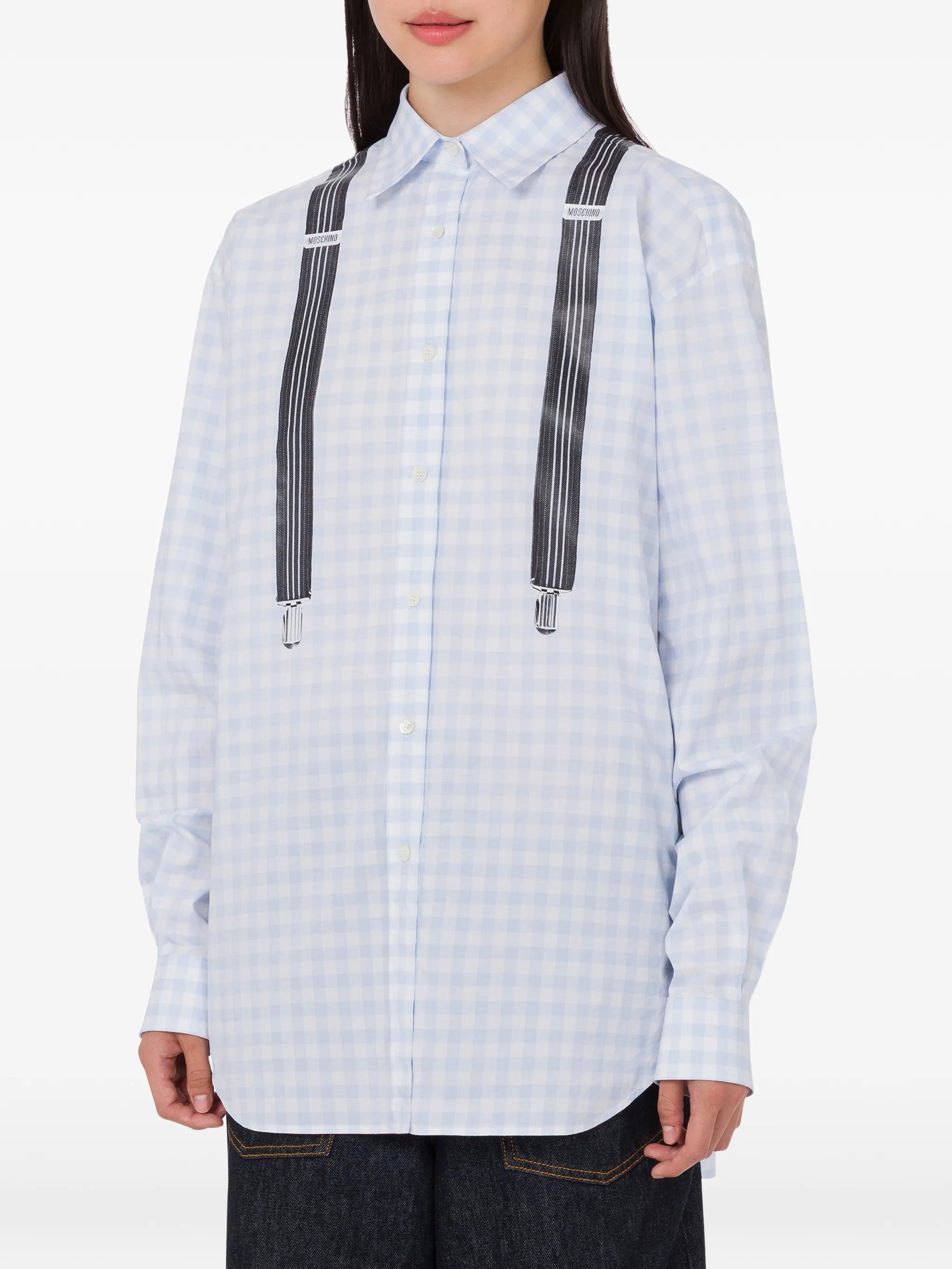 Light Blue Gingham Check Cotton Long-Sleeved Shirt