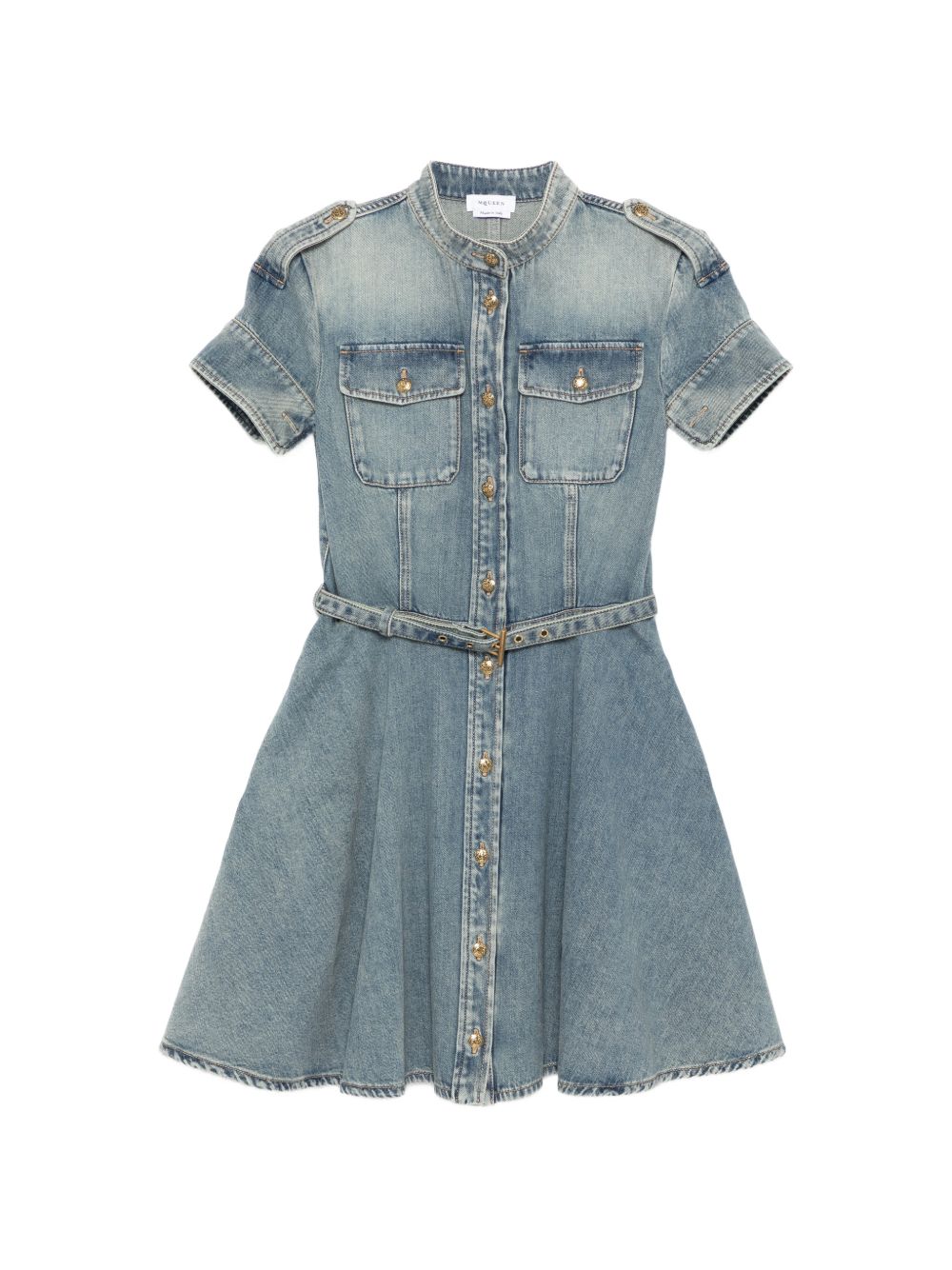 Faded Denim Mini Dress with Gold-tone Accents