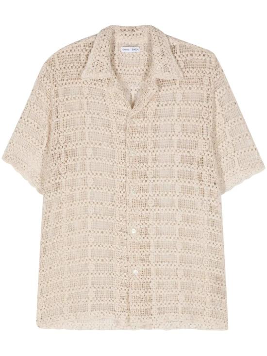 Textured Open-Knit Short-Sleeved Shirt with Classic Collar