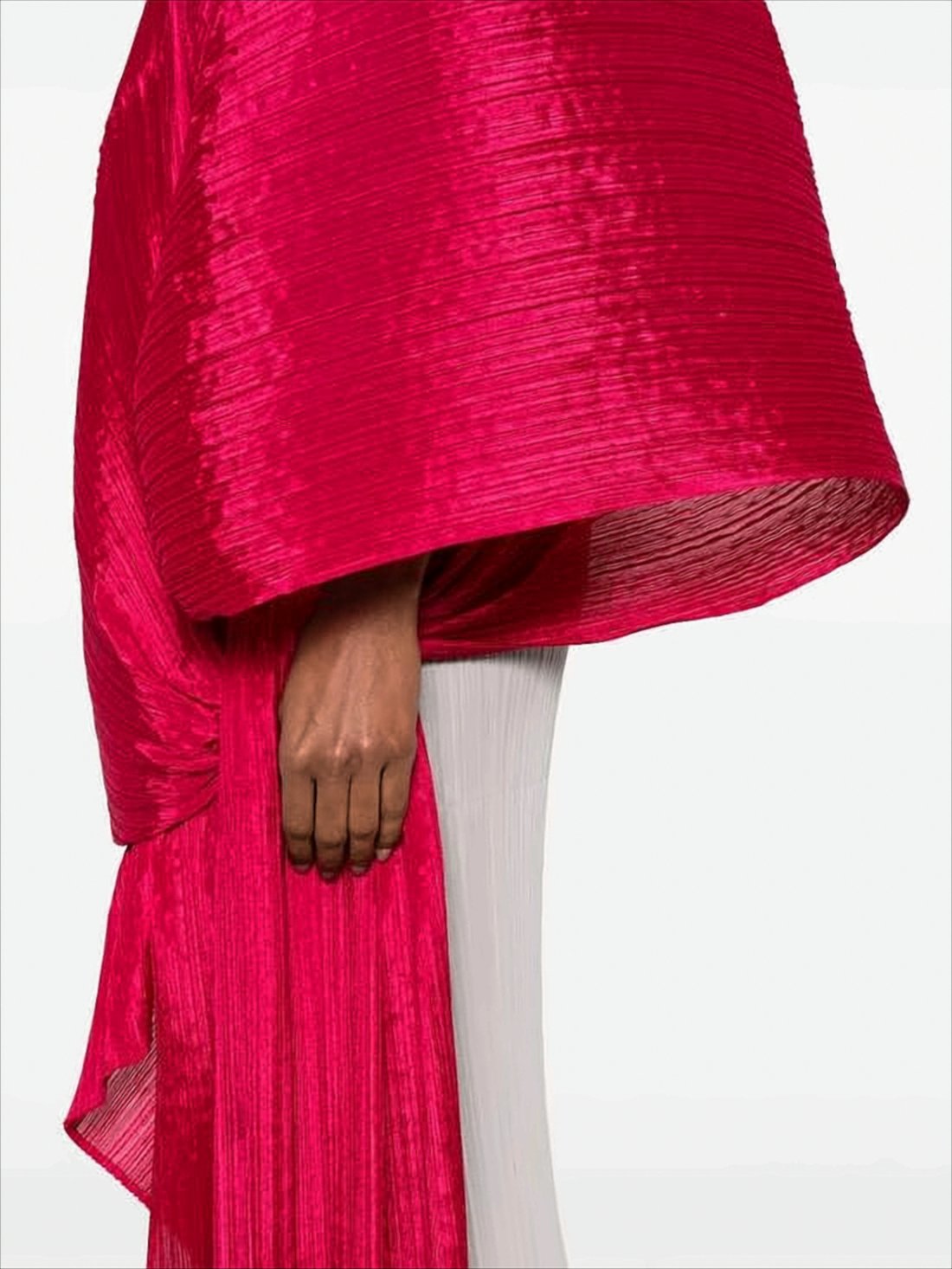 Asymmetrical Red Pleated Cape with Dynamic Silhouette
