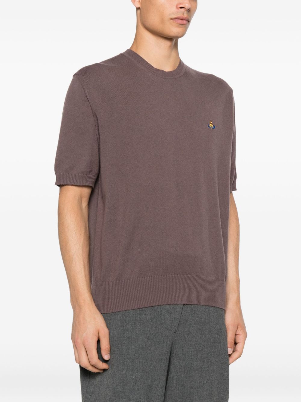 Short-Sleeved Brown Sweatshirt with Logo Embroidery