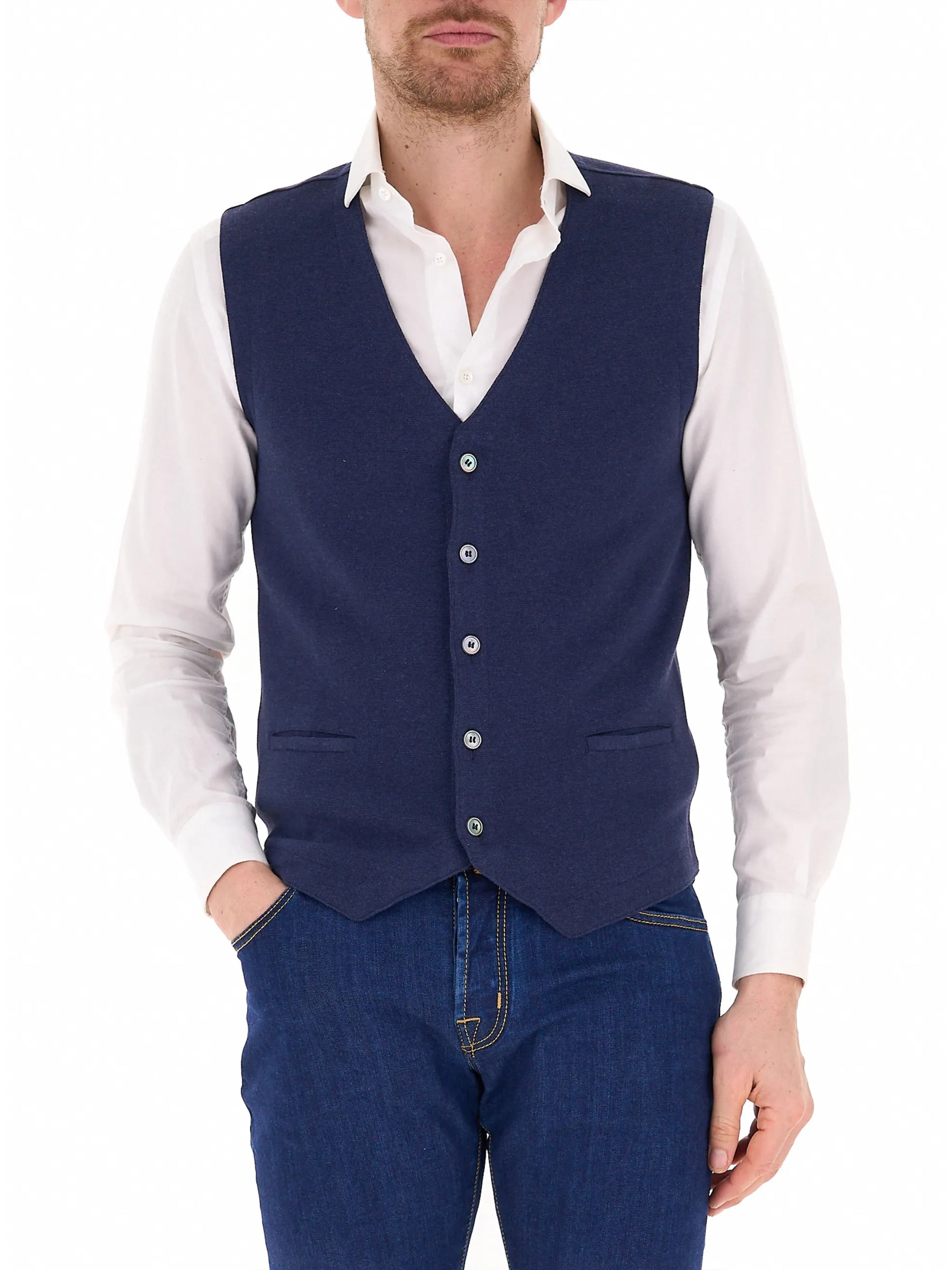 Deep Blue Tailored Cotton V-Neck Gilet