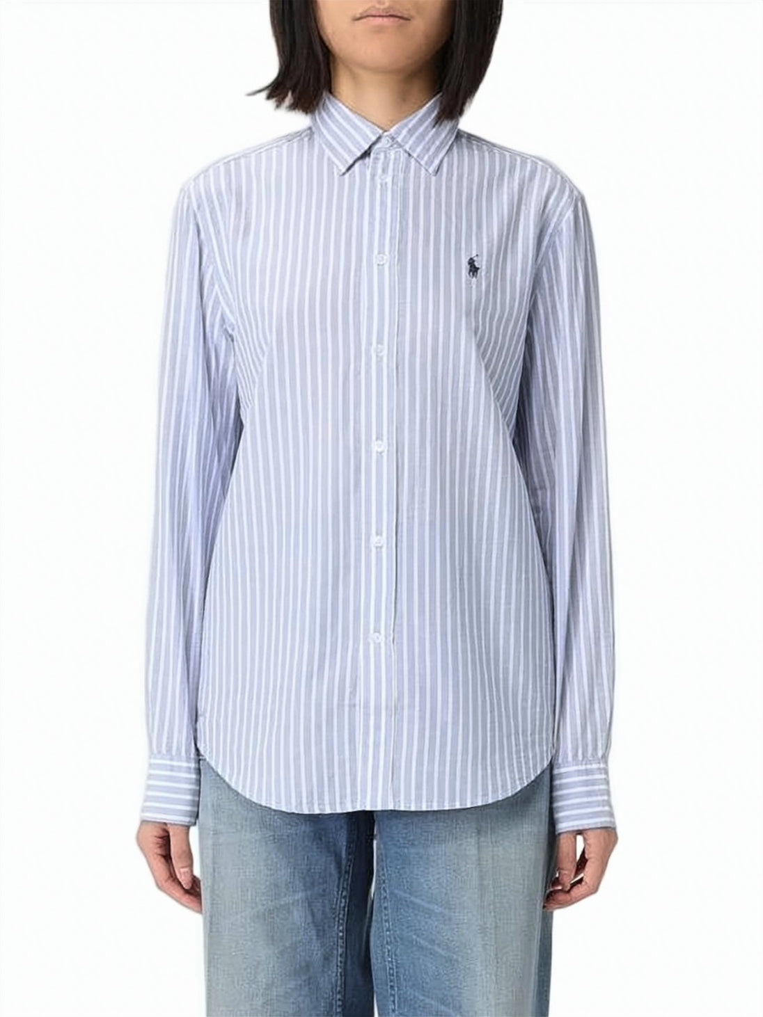 Long-Sleeved Button-Up Shirt with Vertical Stripes