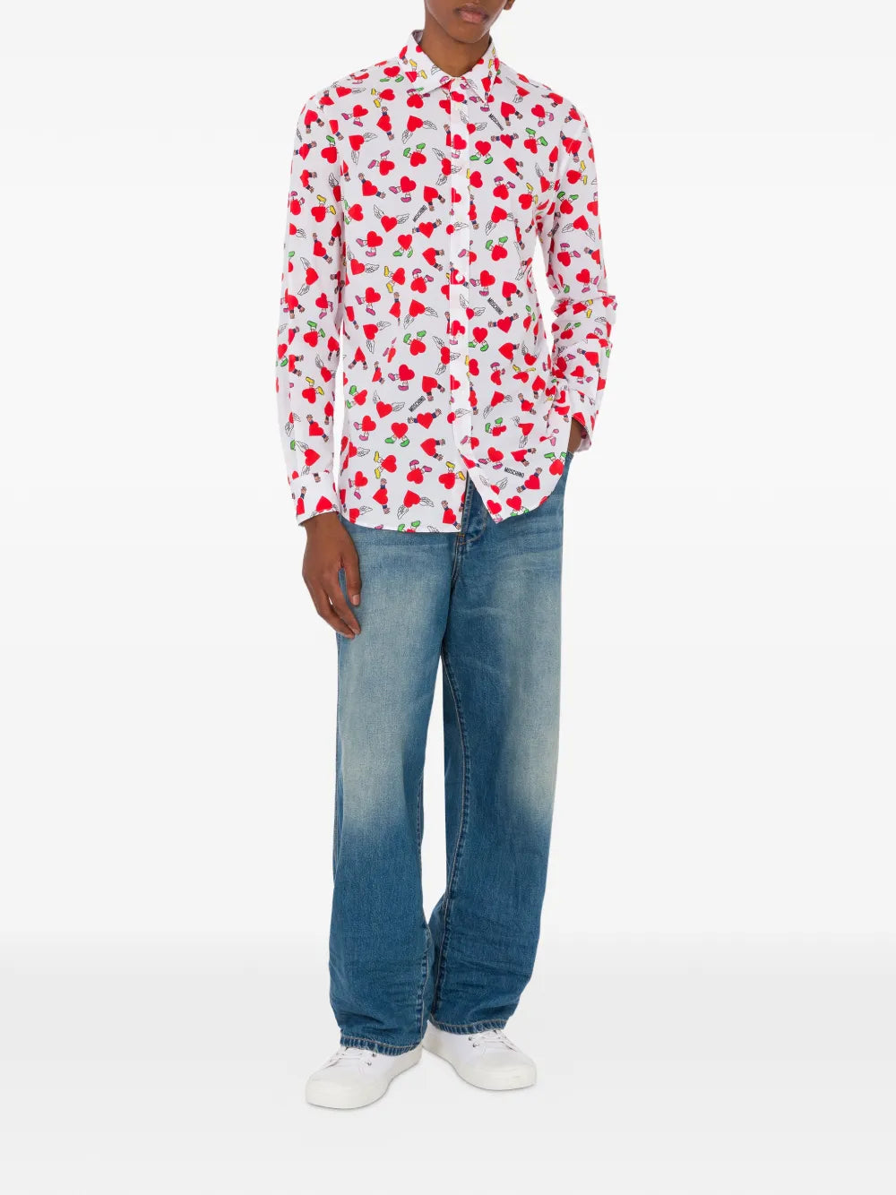 Long-Sleeve Button-Up Shirt With Playful Heart And Cherry Print