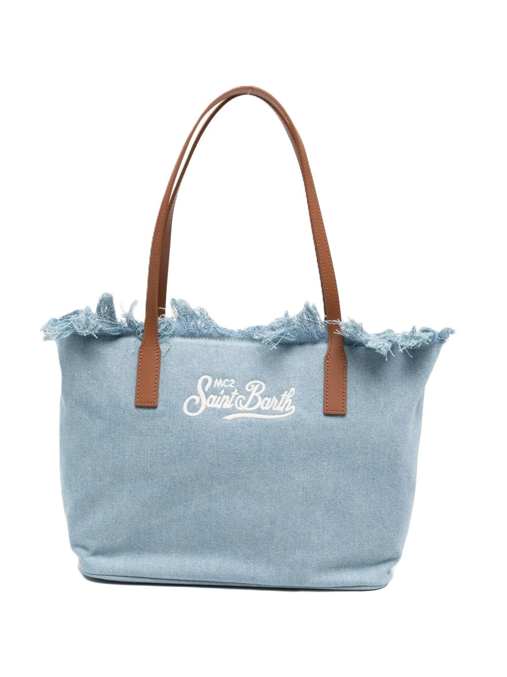 Frayed-Edge Denim-Look Tote Bag with Leather Handles
