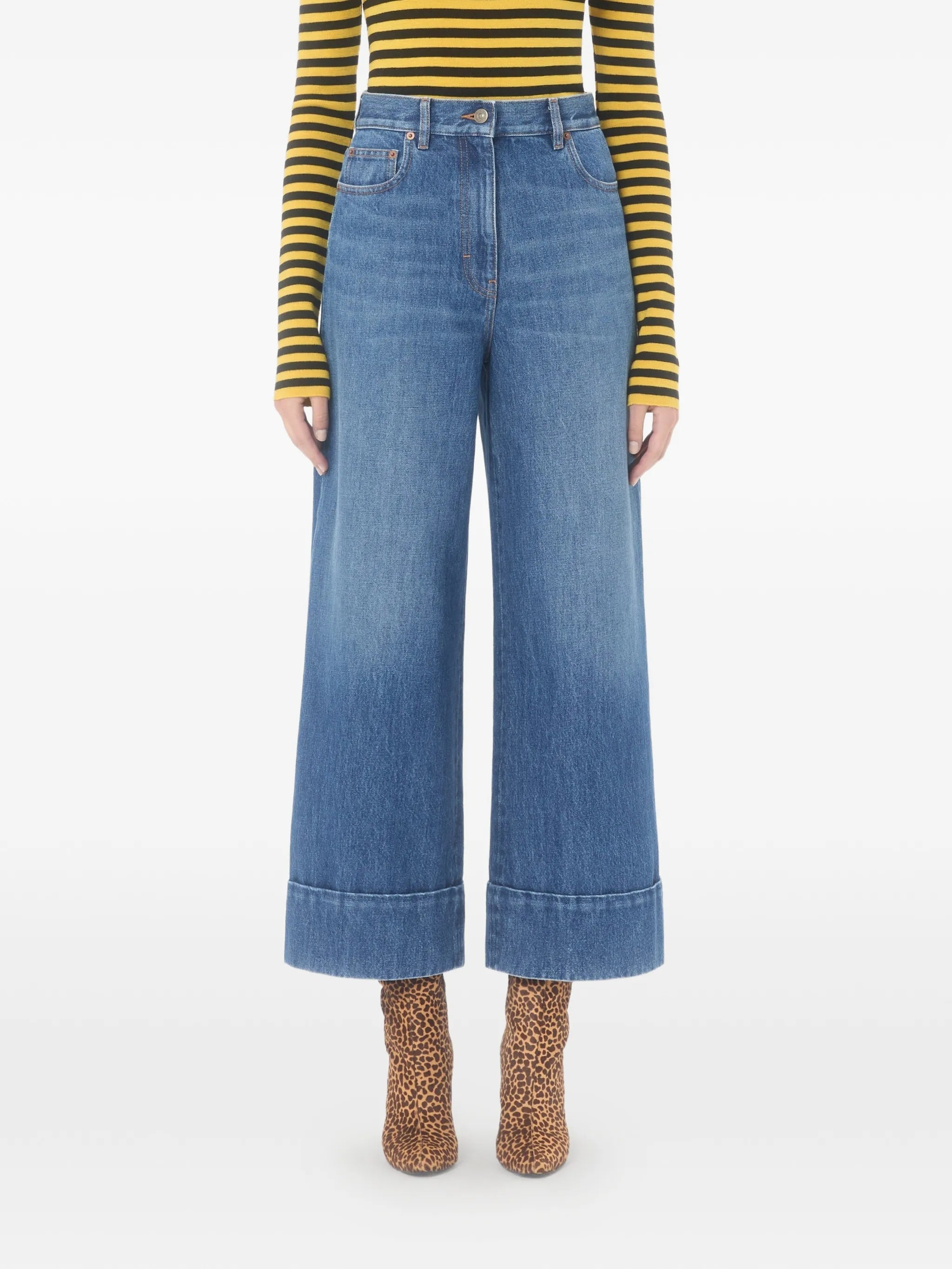 Medium Blue Wide-Leg Cuffed Denim Jeans