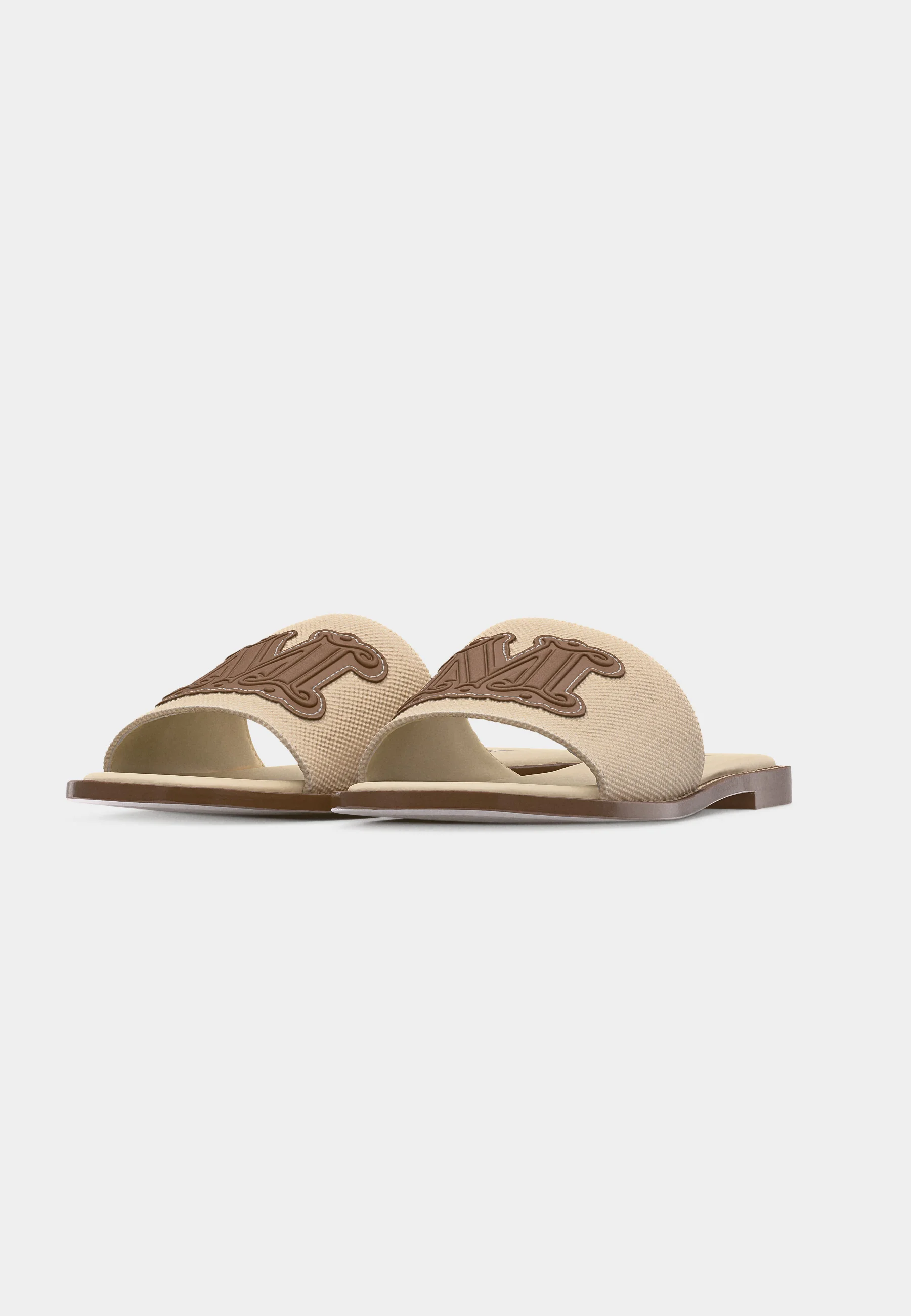 Beige Textured Slide Sandals with Embroidered Emblem