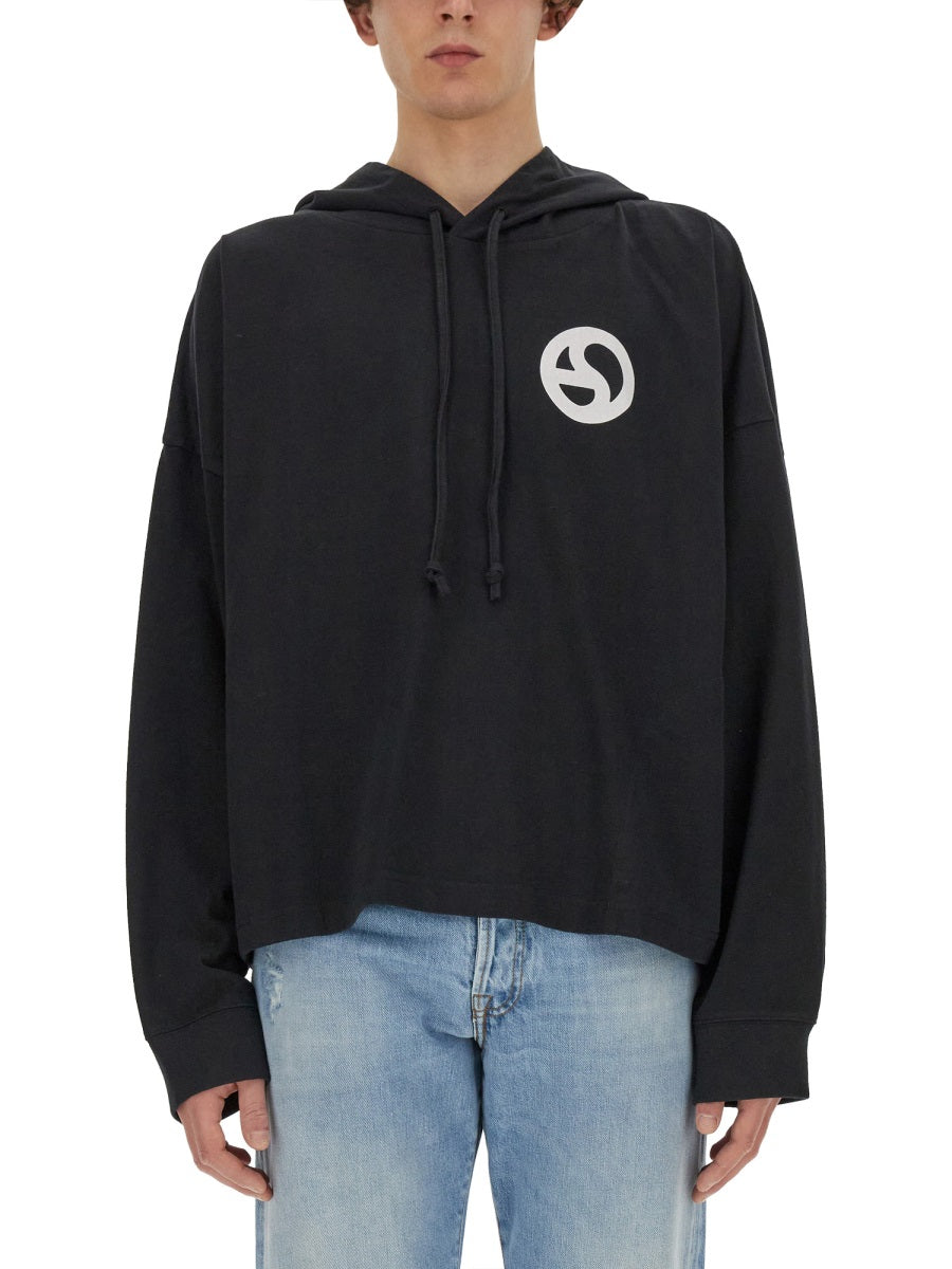 Cropped Boxy Hoodie With Drawstring And Graphic Accent