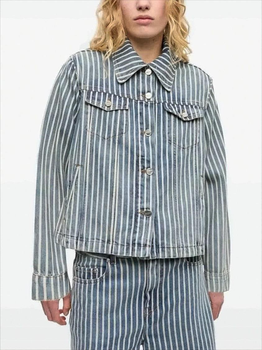 Cropped Denim Jacket with Vertical Stripes