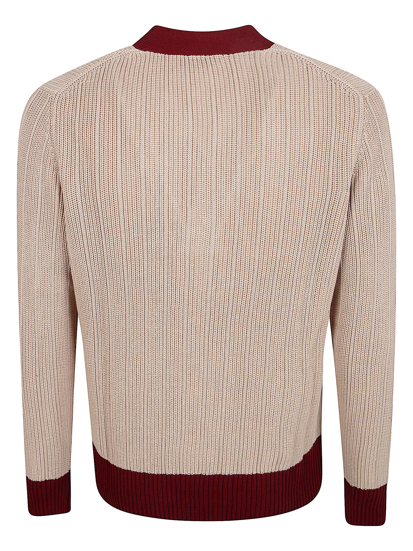 Ribbed Cardigan with Burgundy Accents and Button-Down Front