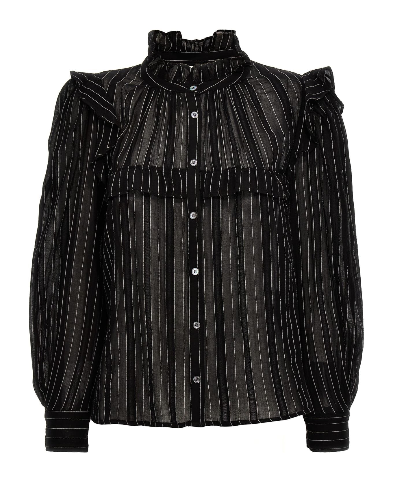 Vertical Pinstripe Long-Sleeve Shirt with High Ruffled Collar