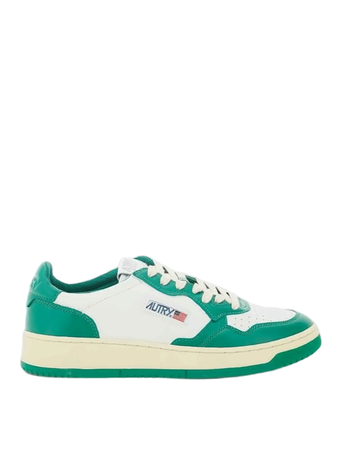 Low-Top White Leather Sneakers with Green Accents