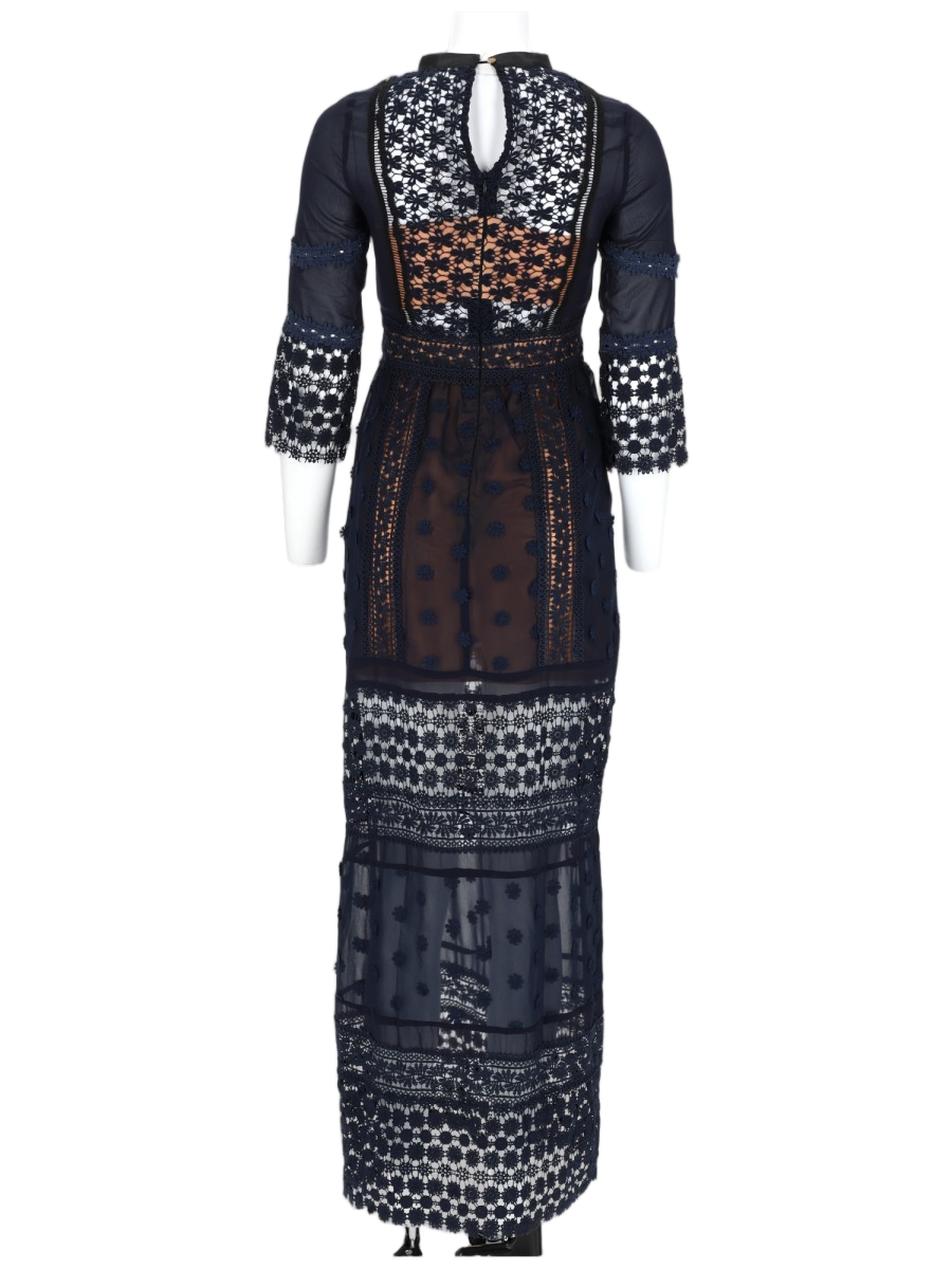 Intricate Lace Maxi Dress with Sheer Paneling