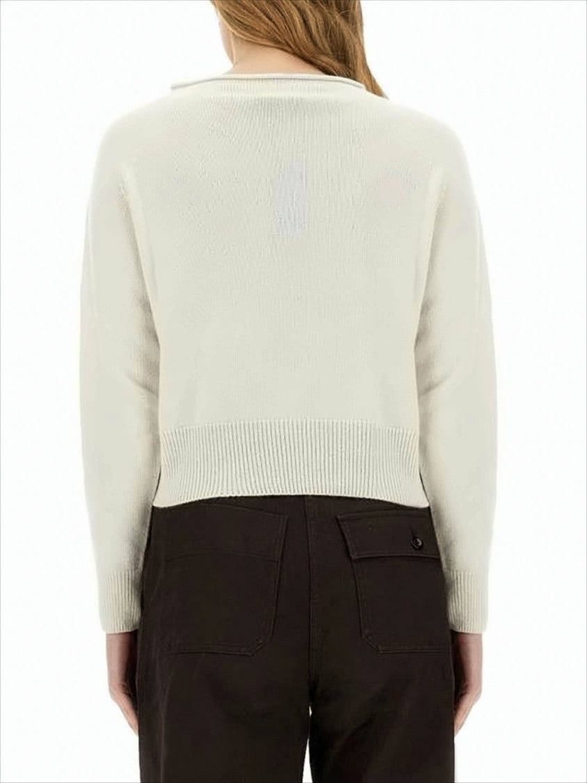 White Cashmere-Cotton Blend Sweater With Boat Neckline