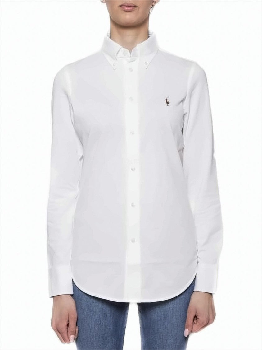 Long-Sleeve Button-Up Shirt With Curved Hem And Logo
