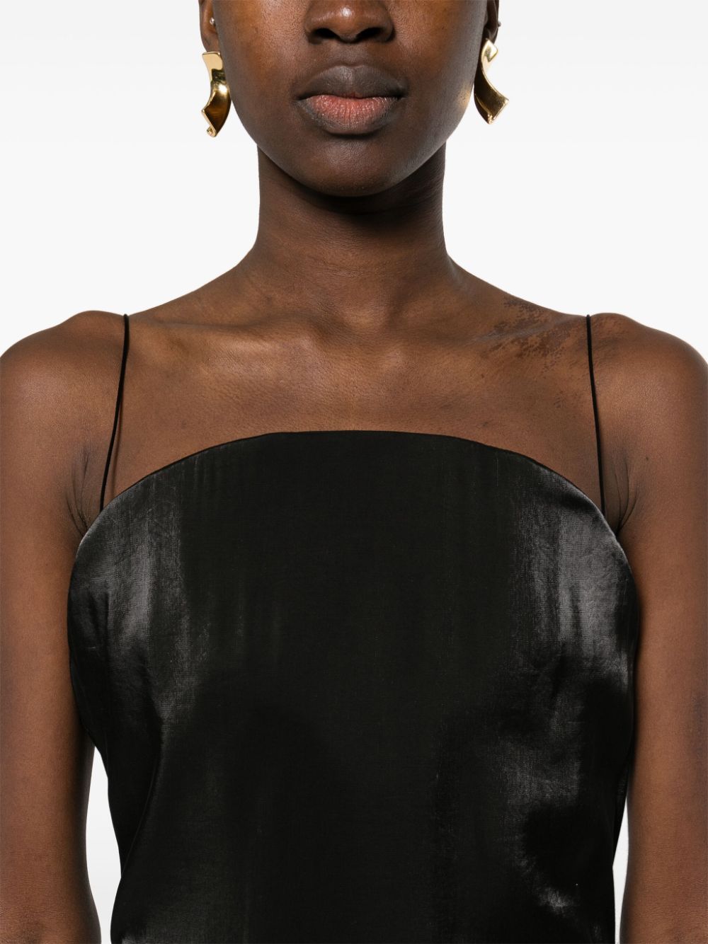 Calf-Length Black Satin Finish Spaghetti Strap Dress