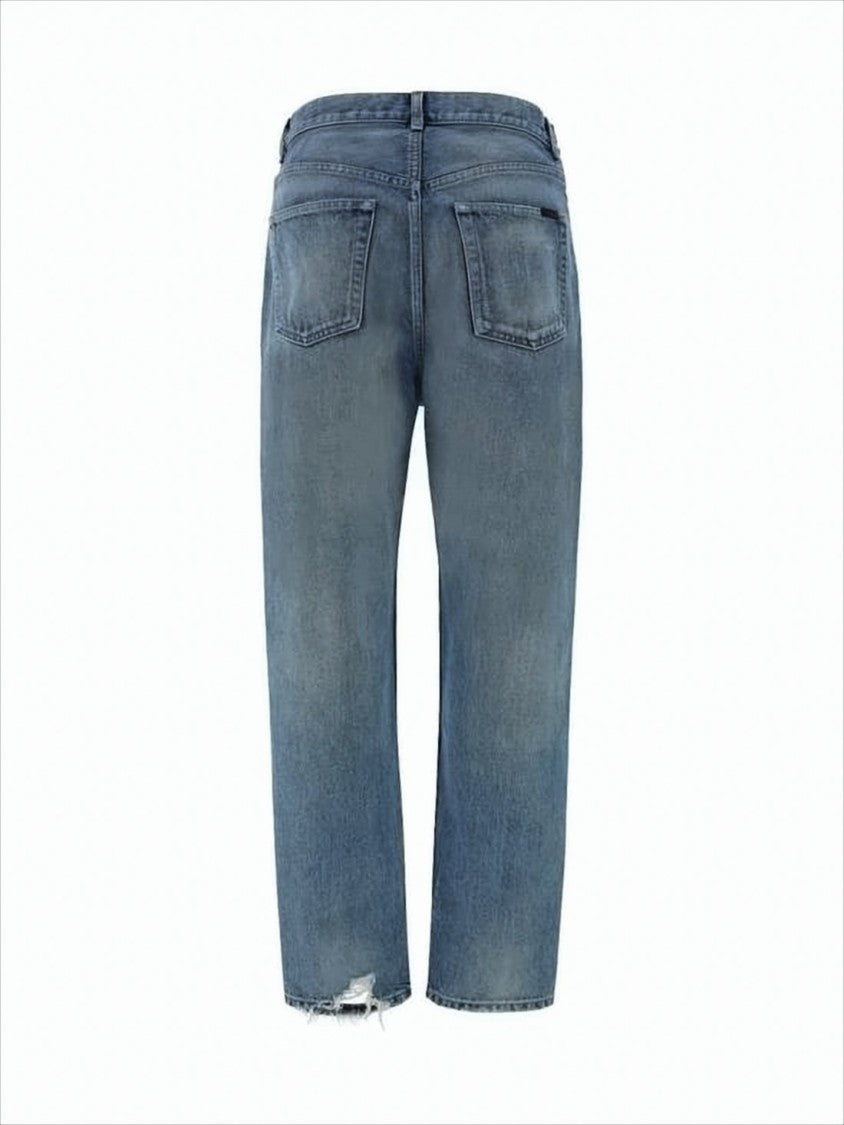 Straight-Leg Denim Pants with Subtle Distressed Hem